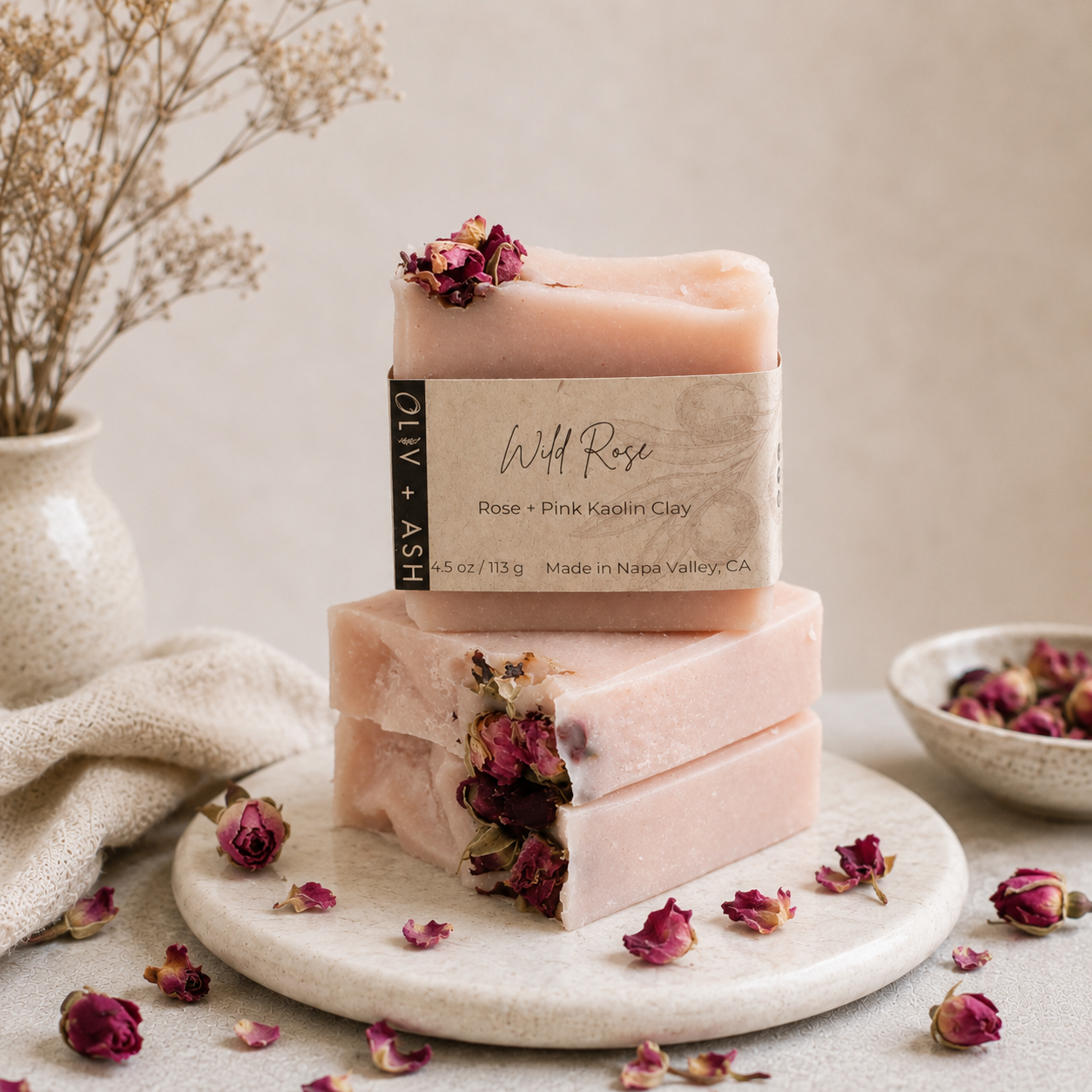 Oliv + Ash Wild Rose Soap | Olive Oil & Shea Butter Bar | Gentle Natural Soap Fragrance-Free Care for Sensitive Skin |Moisturizing Cleanse